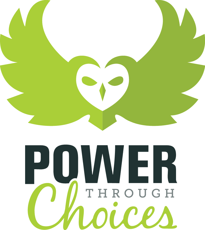 Logo for Power Through Choices (image of an owl with spread wings, in green, over the name)