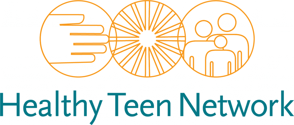 Logo for Healthy Teen Network, featuring 3 interlocked orange circle outlines, and inside, outline drawings of a hand, a sunburst, and three people; below the circle, in teal, is the name, "Healthy Teen Network"