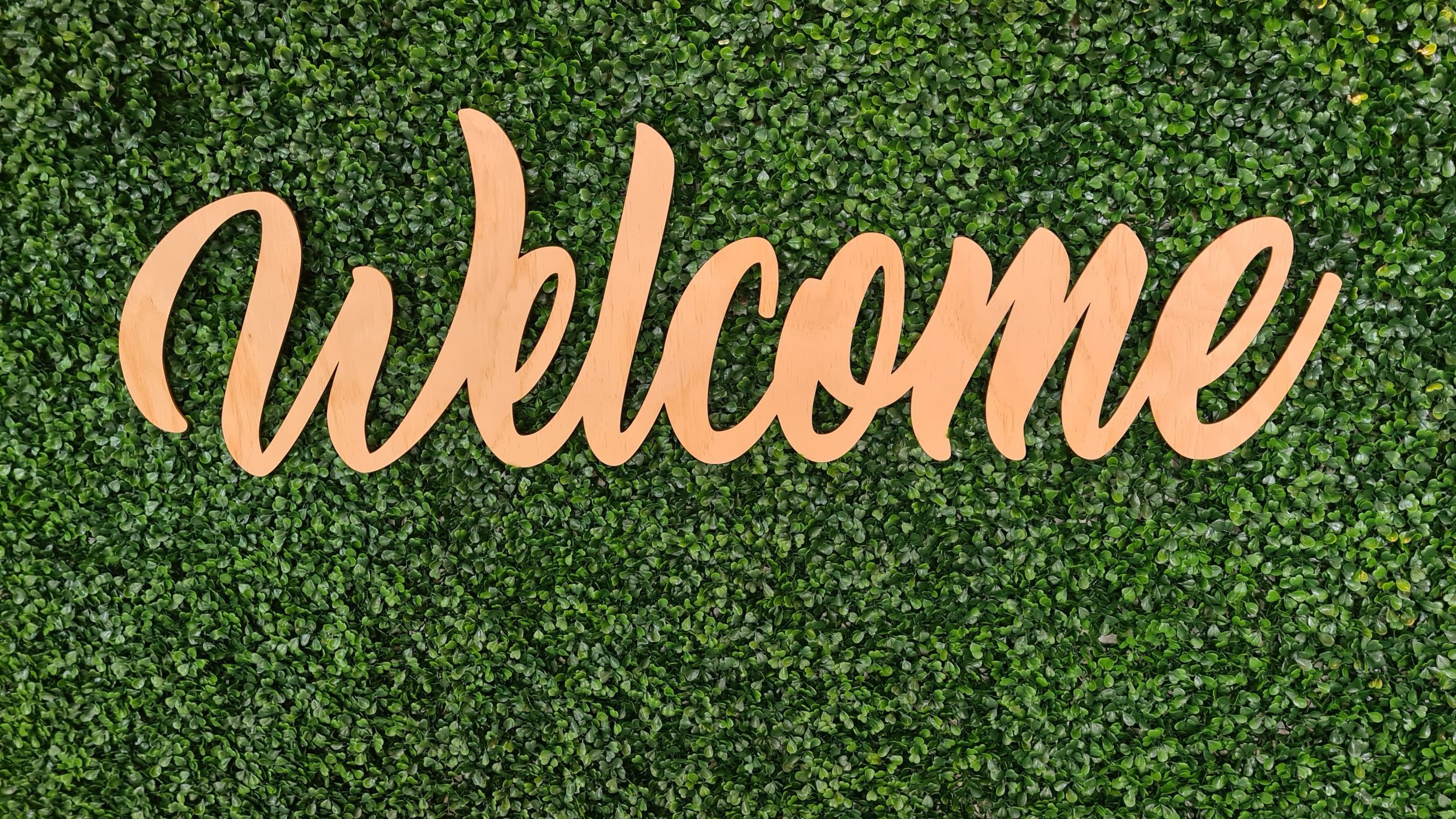 wooden welcome sign in cursive on a fake shrub background