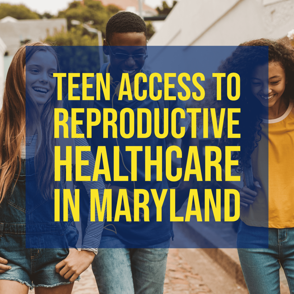 three teens walking with their back packs down a neighborhood street. overlay text in yellow with navy background that says Teen Access to Reproductive Healthcare in Maryland