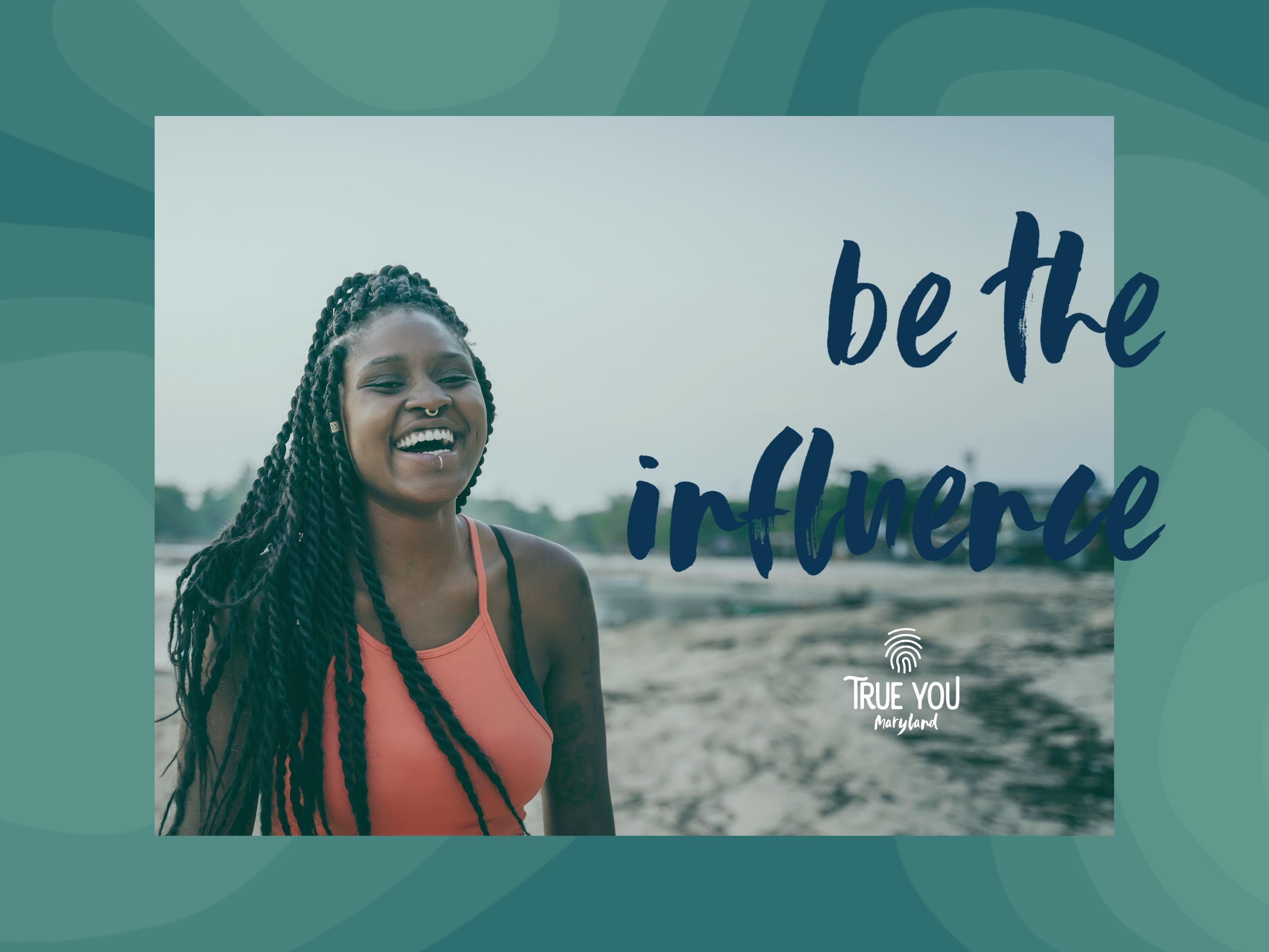 girl wearing an orange tank top smiling ont he beach with the workds, Be the Influence