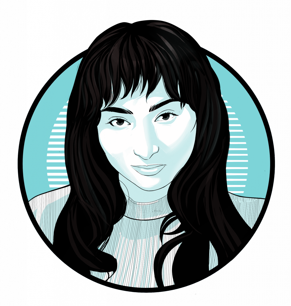 black, white, and aqua illustration of Jennifer Patiño-Perez